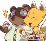 anthro blue_eyes blush brown_body brown_fur clothing dialogue_box duo eyes_closed fur grope kemono male overweight overweight_male shirt text topwear shandrawaka shanutaka animal_crossing nintendo crazy_redd tom_nook_(animal_crossing) canid canine fox mammal raccoon_dog tanuki 2021 english_text hi_res