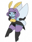 2016 antennae_(anatomy) anthro armwear arthropod blue_eyes boots breasts choker clothed clothing elbow_gloves eyewear female footwear generation_3_pokemon glasses gloves hair handwear high_heeled_boots high_heels illumise insect insect_wings jewelry knee_boots knee_highs legwear lepidopteran_wings looking_up necklace nintendo non-mammal_breasts one_eye_closed pokemon pokemon_(species) purple_hair short_stack simple_background smile solo sweetlemondragon thick_thighs wide_hips wings