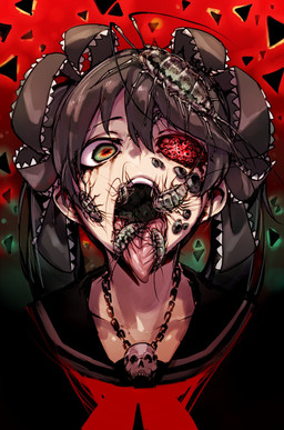accessory asian_clothing body_horror brown_hair clothing east_asian_clothing female feral gore green_eyes group hair hair_accessory hair_ribbon heterochromia horror_(theme) infected infection infestation japanese_clothing japanese_school_uniform jewelry long_hair looking_at_viewer mouth_shot necklace nightmare_fuel open_mouth parasite red_background ribbons school_uniform serafuku simple_background skull_necklace tongue tongue_out trypophobia twintails_(hairstyle) uniform doppel bacterial_contamination_(song) mathru calne_ca nato-kun arthropod crustacean human isopod malacostracan mammal digital_drawing_(artwork) digital_media_(artwork) hi_res