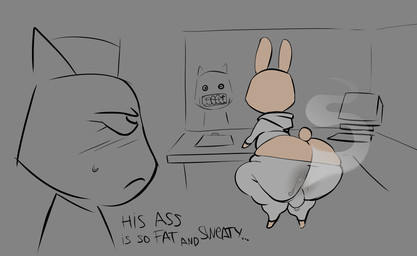 anomaly anthro bodily_fluids butt female male musk musky_butt sweat sweaty_butt text nitarustarium animal_hospital domestic_cat felid feline felis lagomorph leporid mammal rabbit hi_res