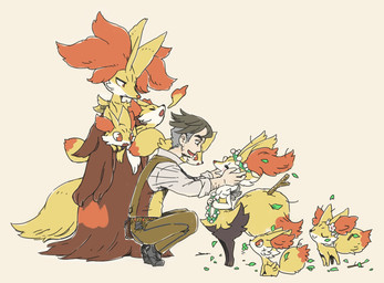 ambiguous_anthro ambiguous_feral ambiguous_gender anthro biped clothed clothed_human clothed_male clothing clover_(plant) crouching cute_fangs dipstick_tail eyes_closed fangs feral fire flower flower_crown fully_clothed fully_clothed_human fully_clothed_male fur group hair holding_another inner_ear_fluff leaves_in_hair leaves_on_body leaves_on_ground looking_down looking_up male male_human markings messy_hair open_mouth open_smile orange_body orange_fur plant proud quadruped red_body red_fur semi-anthro side_view simple_background sitting smile standing stick tail tail_markings teeth tiptoes tuft white_body white_fur yellow_body utsuki_maito nintendo pokemon braixen delphox fennekin generation_6_pokemon human mammal pokemon_(species)