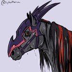 ambiguous_gender animal_mask dragon_mask feral mane mask solo straps sweating_profusely tail wearing_mask lykostherium fionn_(drakengarth) equid equine horse mammal 1:1 headshot_portrait hi_res portrait male_(lore)