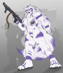 5_fingers anthro areola biped breasts female fingers fur genitals gun holding_gun holding_object holding_ranged_weapon holding_weapon muscular muscular_anthro muscular_female nipples ranged_weapon solo tail vulva weapon corrsk sheres canid canine canis mammal wolf hi_res