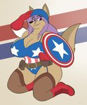 american_flag_clothing anthro armwear belt biped boots breasts cleavage clothed clothing cosplay elbow_gloves eye_through_hair female footwear gesture gloves hair handwear kneeling legwear pattern_background purple_hair salute shield shoes simple_background solo striped_background translucent translucent_clothing translucent_hair translucent_legwear theroflcoptr captain_america_(marvel) marvel feonna_starglaze canid canine canis mammal wolf absurd_res digital_media_(artwork) full-length_portrait hi_res portrait