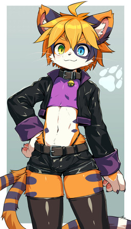 2_tails adolescent ahoge anthro bell blush blush_lines bulge clothing collar cute_fangs fangs fingers fur hair heterochromia jingle_bell kemono legwear looking_at_viewer male male_anthro midriff multi_tail multicolored_body multicolored_fur navel pawpads paws solo tail teeth thigh_highs tight_clothing whiskers young young_anthro young_male kemorate calico_cat domestic_cat felid feline felis mammal 2025 digital_media_(artwork)