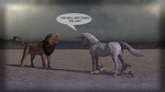 battle desert dialogue face_off female feral fight group horn male standing_over text trio felicitydarkmare mythology equid equine felid feline horse human lion mammal mythological_creature mythological_equine pantherine unicorn 16:9 comic english_text widescreen