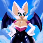 anthro bat_wings big_breasts blush breasts cleavage clothed clothing cloud female hands_on_hips huge_breasts latex latex_clothing lipstick looking_at_viewer makeup membrane_(anatomy) membranous_wings outside partially_clothed simple_background smile solo thick_thighs wide_hips wings cephei sefkitsune sega sonic_the_hedgehog_(series) rouge_the_bat bat mammal 1:1 hi_res