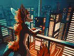anthro balcony black_body black_fur black_nose blue_eyes building casual_nudity city cityscape fangs fur grey_body grey_fur male mouth_closed night nude orange_body orange_fur outside skyscraper solo standing tasteful_nudity teeth mylafox rexouium 2023 4:3 dated signature