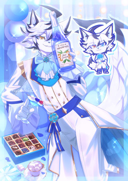 ahoge alcohol anthro beverage biped black_highlights black_markings blue_eyes bottle bottomwear candy cheek_tuft chibi closed_smile clothed clothing container dessert dipstick_tail eyebrows facial_tuft food fur gloves green_eyes hair handwear heart_symbol heterochromia highlights_(coloring) holding_bottle holding_container holding_glass holding_object inside jacket kemono liquor looking_at_viewer male markings mouth_closed pants short_hair smile solo suit tail tail_markings text topwear tuft white_body white_bottomwear white_clothing white_fur white_gloves white_hair white_handwear white_jacket white_pants white_topwear sunnynoga white_day arctic_fox canid canine fox mammal true_fox 2026 digital_media_(artwork) english_text hi_res