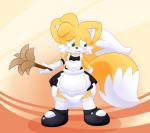 anthro blush clean_diaper clothed clothing crossdressing diaper embarrassed fur maid_uniform male solo uniform wearing_diaper yellow_body yellow_fur sir-dancalot sega sonic_the_hedgehog_(series) miles_prower canid canine fox mammal