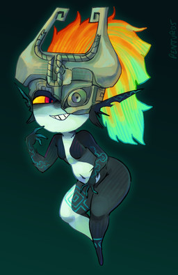 armor breasts featureless_breasts female glowing glowing_fingers glowing_hair hair headgear helmet mischievous_smile multicolored_body navel one_eye_obstructed orange_hair red_eyes simple_background smile solo tattoo yellow_sclera penturice nintendo the_legend_of_zelda twilight_princess midna humanoid imp twili absurd_res hi_res watermark