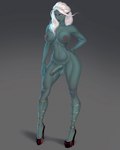 areola balls boots breasts clothing footwear foreskin genitals glowing glowing_eyes grey_body gynomorph hair intersex jewelry legwear looking_at_viewer nipples penis shoes solo standing white_hair moirah flexible_survival dark_elf elf humanoid 2023 4:5 absurd_res hi_res