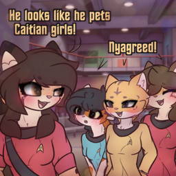 anthro blush caption dialogue female group text milnegake_cherret sodapop_sprays she_looks_like_she_fucks star_trek star_trek_online star_trek_the_original_series anya_(milnegake_cherret) clawdia_(milnegake_cherret) m'rall_bayleaf_(milnegake_cherret) sonya_(milnegake_cherret) caitian calico_cat cheetah domestic_cat felid feline felis mammal pantherine 1:1 english_text hi_res meme