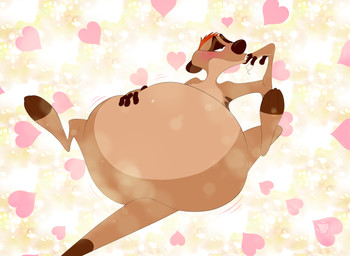 abstract_background anthro belly belly_rub blush finger_fetish finger_lick finger_play fingers heart_symbol licking looking_away lying male nude on_back overweight paws raised_paw solo tail tongue sarbat_(artist) disney the_lion_king timon herpestid mammal meerkat digital_media_(artwork)