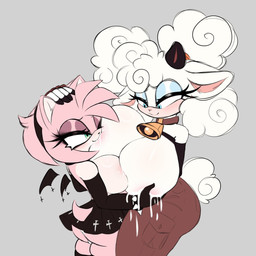 anthro armwear bell big_breasts black_clothing black_dress blue_eyes bodily_fluids bottomwear bracelet breast_play breast_size_difference breast_suck breastfeeding breastmilk breasts butt clothed clothing clothing_lift collar dress duo elbow_gloves eyeshadow female female/female gloves green_eyes hand_on_head handwear horn huge_breasts jewelry lactating legwear long_ears makeup panties pants pink_body shirt shirt_lift spiked_bracelet spikes sucking tail thigh_highs topwear underwear white_body wings nyan-o-lantern idw_publishing sega sonic_the_hedgehog_(comics) sonic_the_hedgehog_(idw) sonic_the_hedgehog_(series) amy_rose lanolin_the_sheep_(sonic) bovid caprine eulipotyphlan hedgehog mammal sheep 1:1 hi_res