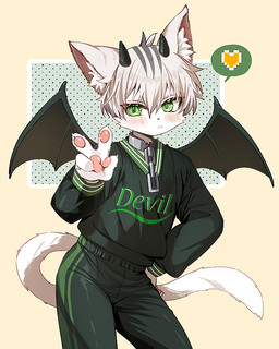4_fingers adolescent anthro bat_wings blush blush_lines clothed clothing collar fingers fur gesture green_eyes hand_gesture hand_on_hip heart_symbol horn inner_ear_fluff kemono looking_at_viewer male membrane_(anatomy) membranous_wings pawpads paws pose simple_background solo tan_background text text_on_clothing text_on_topwear topwear track_pants tracksuit tuft v_sign white_body white_fur wings young young_anthro young_male go_(1o22g) demon domestic_cat felid feline felis mammal 2024 4:5 cel_shading digital_drawing_(artwork) digital_media_(artwork) english_text shaded