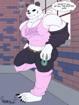against_surface against_wall angry annoyed anthro barazoku bent_leg beverage beverage_can big_feet big_muscles big_pecs biped black_bottomwear black_clothing black_pants bottomwear bulge cigarette cigarette_in_mouth claws clothed clothed_anthro clothed_male clothing cropped_tank_top crossdressing detailed_background feet finger_claws fingers fur holding_beverage holding_object humanoid_feet humanoid_hands leg_warmers legwear logo male midriff muscular muscular_anthro muscular_male object_in_mouth pants pecs pink_clothing pink_leg_warmers pink_shirt pink_tank_top pink_topwear plantigrade pose profanity scar shirt smoke smoking smoking_cigarette solo standing tank_top text thinking thought_bubble toe_claws toes topwear white_body white_fur terrethemageslayer beastars gouhin_(beastars) bear giant_panda mammal absurd_res artist_logo artist_name colored english_text hi_res