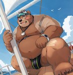 anthro belly big_belly black_nose blush bulge clothing cloud detailed_background eyewear glasses kemono male moobs navel nipples open_mouth outside overweight overweight_male solo swimwear tulrang bear mammal 2024 absurd_res hi_res