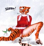 annoyed anthro barefoot breasts camel_toe christmas_clothing clothed clothing dialogue duo feet female female_focus feral holidays male offscreen_character on_ground panties paws snow speech_bubble spread_legs spreading tail talking_to_another text underwear chump1_tnl christmas dreamworks kung_fu_panda master_mantis master_tigress felid mammal pantherine tiger 2023 hi_res