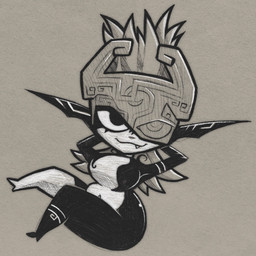 armor big_breasts black_body breasts clothing fangs female floating fused_shadow hair headgear headwear helmet humanoid_pointy_ears markings multicolored_body navel pointy_ears solo teeth thick_thighs white_body wide_hips roboticsteve nintendo the_legend_of_zelda twilight_princess midna humanoid imp twili 1:1 2025 hi_res monochrome