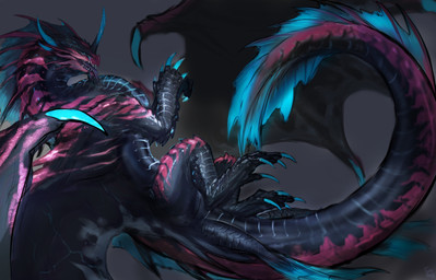 ambiguous_gender black_body blue_claws blue_eyes blue_horn claws fangs feral horn red_body simple_background solo spines tail teeth tongue tongue_out wings laobai mythology bai_(laobai) dragon_bai_(laobai) dragon mythological_creature mythological_scalie scalie absurd_res hi_res