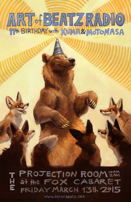 ambiguous_gender claws eyes_closed feral group open_mouth text kenket bear canid canine fox mammal 2015 english_text traditional_media_(artwork)