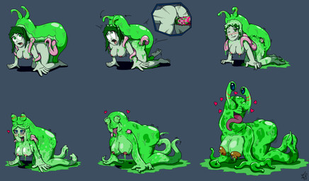 5_fingers ambiguous_gender anal anal_penetration anthro assimilation blue_background breast_expansion breasts brown_nipples butt butt_expansion doggystyle erect_nipples expansion eyestalks female fingers from_behind_position green_body green_butt green_eyes green_hair green_skin hair heart_symbol human_to_anthro intersex intersex/female long_tongue merging nipples nude nude_female nude_human open_mouth penetration pink_nipples pink_tentacles sex shadow simple_background slime species_transformation tendrils tentacles tongue tongue_out transformation weirdmen8 animal_humanoid gastropod gastropod_humanoid human humanoid mammal mollusk mollusk_humanoid slug slug_humanoid 2022 digital_media_(artwork) english_description hi_res paint_tool_sai_(artwork) signature