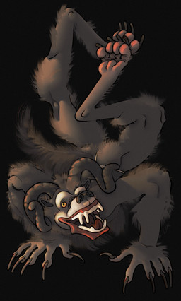 anthro black_nose claws clothing curved_horn fangs feet fuzzy fuzzy_tail hairy horn lips long_claws long_fangs long_feet male muscular muscular_male paws red_lips red_tongue silly_pose simple_background skinny smile solo teeth thong tongue underwear white_face yellow_eyes ravuer bloodborne fromsoftware sony_corporation sony_interactive_entertainment beast-possessed_soul_(bloodborne) monster absurd_res hi_res