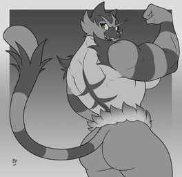 anthro back_muscles big_butt border breasts butt feline_tail female fingers fire fist flexing flexing_bicep fur gradient_background green_eyes grey_border head_turned humanoid_hands looking_at_viewer looking_back markings multicolored_body multicolored_fur muscular muscular_anthro muscular_arms muscular_female nude nude_anthro nude_female open_mouth open_smile pose rear_view side_boob simple_background smile smug solo striped_markings stripes text three-quarter_view joey-darkmeat nintendo pokemon generation_7_pokemon incineroar pokemon_(species) 2023 artist_name greyscale hi_res monochrome portrait spot_color three-quarter_portrait