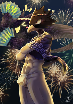 ambiguous_gender asian_clothing beak biped blush blush_lines bulge clothed clothed_humanoid clothed_male clothing crossed_arms detailed_background detailed_bulge duo east_asian_clothing fireworks folding_fan for_a_head frown fundoshi hand_fan holding_object humanoid_focus humanoid_hands japanese_clothing kimono male male_focus male_humanoid navel night outside pantsless pantsless_humanoid pantsless_male pattern_clothing pattern_topwear print_clothing print_topwear sky solo_focus standing text topwear underwear bananana8729 my_hero_academia dark_shadow fumikage_tokoyami animal_head animal_humanoid avian avian_humanoid humanoid 2021 dated digital_media_(artwork) hi_res japanese_text signature