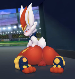 3_toes anthro anus backsack balls blush butt detailed_background eyebrows feet femboy fingers fur genitals hand_on_butt hindpaw kneeling looking_at_viewer looking_back looking_back_at_viewer male multicolored_body multicolored_fur nude orange_body orange_eyes orange_fur paws pose presenting presenting_anus presenting_balls presenting_hindquarters rear_view red_anus red_balls red_butt seductive smile soles solo stadium tail toes white_body white_ears white_fur white_tail marshmallow-ears nintendo pokemon pokemon_unite cinderace generation_8_pokemon pokemon_(species) digital_media_(artwork) hi_res pinup shaded signature