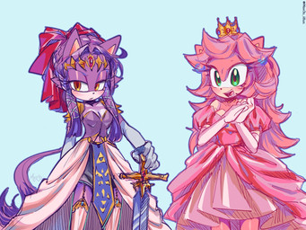 anthro armwear bow_ribbon clothing cosplay crossover_cosplay crown dress duo ear_piercing ear_ring elbow_gloves eyelashes female fur gloves green_eyes hair handwear headgear long_hair melee_weapon open_mouth open_smile piercing pink_body pink_fur purple_body purple_fur ring_piercing simple_background smile sword weapon yellow_eyes mav3s_illus mario_bros nintendo sega sonic_the_hedgehog_(series) the_legend_of_zelda twilight_princess amy_rose blaze_the_cat princess_peach princess_zelda domestic_cat eulipotyphlan felid feline felis hedgehog mammal 4:3 crossover