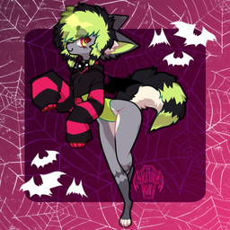 ambiguous_gender anthro back_wings black_body black_fur clothing collar crop_top cropped_sweater fur green_highlights grey_body grey_fur half-closed_eyes highlights_(coloring) leotard membrane_(anatomy) membranous_wings narrowed_eyes pattern_background shirt simple_background smile solo studded_collar studs topwear white_body white_fur wings lamekun bat canid canine canis domestic_dog hybrid mammal 1:1 hi_res