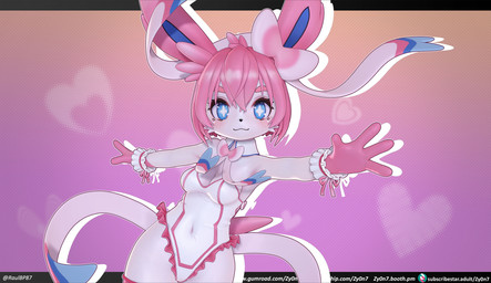 anthro black_border black_nose blue_eyes blush blush_lines border breasts cleavage clothed clothing cross_pupils eyelashes female front_view fur gloves_(marking) hair leotard looking_at_viewer magical_girl_outfit markings navel_outline pattern_background pink_background pink_body pink_fur pink_hair short_hair simple_background small_breasts smile solo text thick_thighs white_body white_clothing white_fur white_leotard wide_hips zy0n7 nintendo pokemon eeveelution generation_6_pokemon pokemon_(species) sylveon 3d_(artwork) digital_media_(artwork) hi_res url