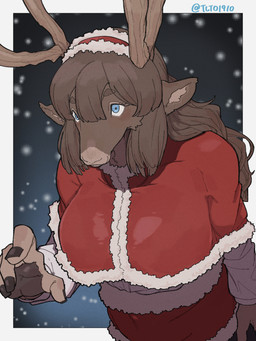 abstract_background accessory anthro antlers bangs big_breasts blue_eyes border breasts brown_body brown_fur brown_hair clothed clothed_anthro clothed_female clothing costume countershade_face countershade_hands countershade_snout countershading eyebrow_through_hair eyebrows eyelashes female female_anthro fingernails fully_clothed fur hair headband high-angle_view horn inner_ear_fluff iris looking_up nails outside_border pupils reverse_countershading santa_costume snout snow solo standing text translucent translucent_hair tuft white_border dragon_dedemushi deer mammal new_world_deer reindeer 2025 3:4 absurd_res artist_name digital_drawing_(artwork) digital_media_(artwork) hi_res