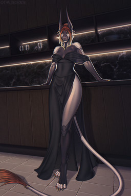 anthro biped breasts claws clothed clothed_anthro clothed_female clothing feet female fingers front_view hair inside looking_at_viewer solo standing tail teeth toes thalislixeon acrador canid canine canis jackal mammal 2026 2:3 digital_drawing_(artwork) digital_media_(artwork) hi_res