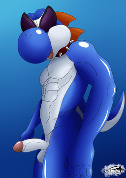 anthro balls blue_background blue_body blue_scale collar erection eyewear genitals glans glass gradient_background male male_anthro muscular muscular_arms muscular_male penis scales simple_background solo spiked_collar spikes sunglasses tail white_body white_scales ciel-wolf mario_bros nintendo super_mario_rpg_(2023) super_mario_rpg_legend_of_the_seven_stars boshi dinosaur prehistoric_species reptile scalie yoshi