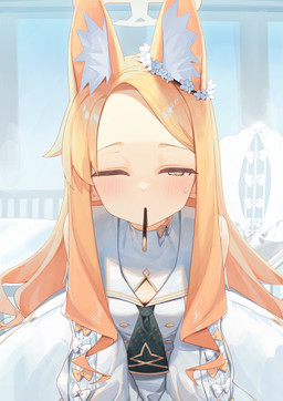 accessory animal_ears blush bodily_fluids bow_tie clothing dress female fluffy_ears front_view glistening glistening_hair hair hair_accessory half-closed_eyes halo human_and_animal_ears inside long_hair mouth_hold multi_ear narrowed_eyes one_eye_closed orange_eyes orange_hair sweat waiting white_clothing white_dress young young_female young_humanoid syhan blue_archive nexon seia_(blue_archive) animal_humanoid canid canid_humanoid canine canine_humanoid fox_humanoid humanoid mammal mammal_humanoid absurd_res hi_res