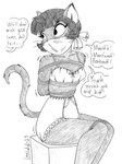 anthro arms_tied bdsm bound bra clothing female gag legs_tied panties solo text underwear wide_hips limpurtikles lackadaisy ivy_pepper domestic_cat felid feline felis mammal black_and_white english_text hi_res monochrome traditional_media_(artwork)