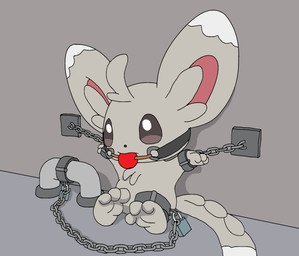 ambiguous_gender ball_gag bdsm bondage bound chain chained cuff_(restraint) feral fur gag gagged grey_body grey_fur iron_cuffs lock metal_cuffs padlock restraints shackles simple_background solo darkovillain nintendo pokemon generation_5_pokemon minccino pokemon_(species) hi_res