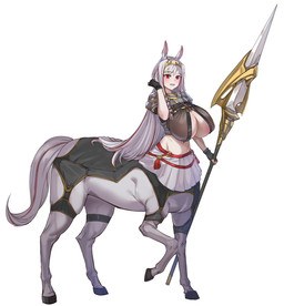 armor big_breasts breasts cleavage clothed clothing eyebrows eyelashes female grey_hair hair holding_object holding_weapon hooves huge_breasts melee_weapon polearm quadruped red_eyes simple_background solo spear tail weapon white_background bow_(artist) european_mythology greek_mythology mythology centaur equid equid_taur humanoid_taur mammal mammal_taur taur 2025 hi_res