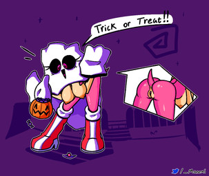 anthro anus areola bedsheet_ghost bent_over big_breasts big_butt black_sclera breasts butt clothing costume dialogue eyelashes female footwear front_view fur genitals ghost_costume halloween_costume holidays jack-o'-lantern mostly_nude nipples open_mouth pink_areola pink_body pink_fur pink_nipples purple_background purple_eyes rear_view red_clothing red_footwear red_shoes shoes simple_background solo speech_bubble tan_body tan_fur text thick_thighs vulva wide_hips monemi halloween sega sonic_the_hedgehog_(series) amy_rose eulipotyphlan hedgehog mammal