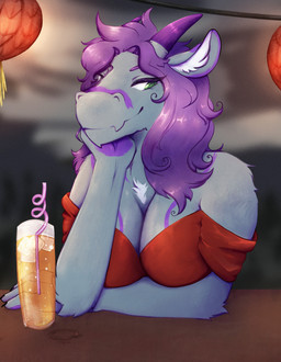 anthro arm_tuft beverage big_breasts blue_body blue_fur blurred_background breasts closed_smile clothed clothing elbow_tuft female fur green_eyes green_pupils hair horn lamp lantern markings mouth_closed narrowed_eyes pupils purple_hair purple_horn purple_markings red_clothing red_topwear shoulder_tuft slight_smile smile solo topwear tuft lionfloof mythology dragon furred_dragon furred_scalie mythological_creature mythological_scalie scalie hi_res