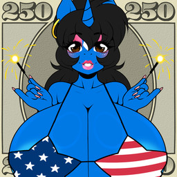 american_flag_bikini anniversary anthro areola big_breasts bikini blue_body breasts brown_eyes clothing colored_nails eyeshadow female flag_bikini flag_swimwear gesture horn huge_breasts hyper hyper_breasts lips lipstick looking_at_viewer makeup nails pink_eyeshadow pink_lips pink_lipstick pink_nail_polish pink_nails raised_finger raised_pinky solo sparklers swimwear two-piece_swimsuit kloudmutt mythology klodette equid equine mammal mythological_creature mythological_equine unicorn 1:1 hi_res