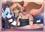 anthro black_body black_fur blue_eyes blue_hair blush bra brown_body brown_hair clothing collar countershade_face countershade_torso countershading dipstick_tail duo female female/female fur garter_straps hair legwear lingerie loli looking_at_viewer markings multicolored_body panties ribbons short_hair tail tail_markings thigh_highs two_tone_body underwear white_body white_fur young young_anthro young_on_young sicmop hailey_(kittyprint) petal_(petal11) domestic_cat felid feline felis mammal hi_res