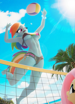 anthro ball bikini blue_body blue_eyes blue_skin bodily_fluids bracelet breasts clothing cutie_mark day duo female female_anthro glistening glistening_body glistening_skin hair imminent_pain inflatable jewelry looking_at_another looking_down looking_down_at_another looking_up looking_up_at_another midair multicolored_hair multicolored_tail navel net open_mouth outside palm_tree pink_hair plant purple_eyes rainbow_hair rainbow_tail seaside sport sun sweat swimwear tail teeth tree two-piece_swimsuit under_boob volleyball volleyball_(ball) volleyball_net yellow_body hooves-art friendship_is_magic hasbro my_little_pony fluttershy_(mlp) rainbow_dash_(mlp) equid equine horse mammal pony 3d_(artwork) absurd_res blender_(artwork) digital_media_(artwork) hi_res