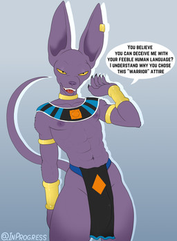 5_fingers abs anthro areola armlet athletic athletic_anthro athletic_male biped bottomwear bulge clothed clothing condom crotch_lines detailed_bulge dialogue fingers fur genital_outline hairless jewelry loincloth looking_at_viewer male male_anthro nipples pecs penis_outline purple_areola purple_body purple_fur purple_nipples sexual_barrier_device skimpy skimpy_bottomwear solo standing text twunk inprogress dragon_ball dragon_ball_super beerus domestic_cat felid feline felis hairless_cat mammal sphynx_(cat) absurd_res english_text hi_res
