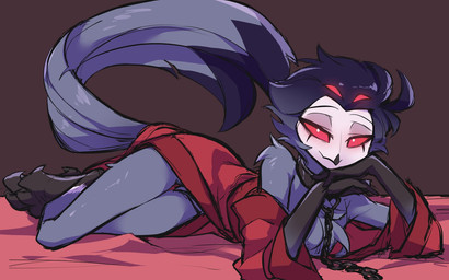 anthro bedroom bedroom_eyes breasts chain chain_leash clothing collar female fur grey_body grey_fur grey_hair hair leash looking_at_viewer lying male narrowed_eyes on_side red_clothing red_eyes red_robe robe seductive short_hair simple_background smile solo thick_thighs white_face buffetaroh hellaverse helluva_boss stolas_(helluva_boss) avian avian_demon bird demon owl owl_demon 16:10 hi_res widescreen