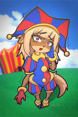 anthro blurred_background circus_tent clothing clown cosplay female gloves handwear open_mouth pupils solo unusual_pupils dogfailureowo glitch_productions the_amazing_digital_circus hana_(dogfailureowo) pomni_(tadc) canid canine canis domestic_dog mammal hi_res