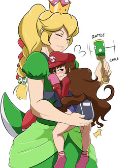 blonde_hair blush bodily_fluids booties braided_hair brown_hair clothing crown diaper dress duo embarrassed eyes_closed female hair handwear hat headgear headwear holding_another holding_object long_hair mittens nervous nervous_sweat patting_diaper ponytail rattle shell shortstack shrunken shy size_difference smile super_crown sweat tail red-moda mario_bros nintendo mario yoshi_(character) animal_humanoid aquatic human humanoid mammal reptile scalie scalie_humanoid yoshi absurd_res hi_res